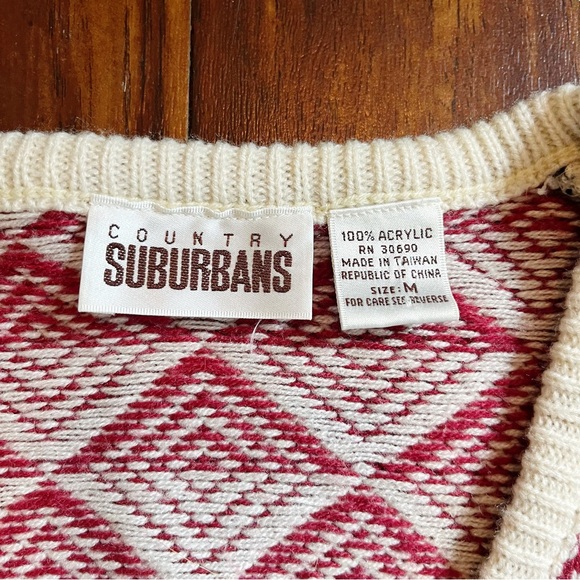 Vintage Country Suburbans Geometric Pattern V-Neck Sweater - Picture 3 of 6